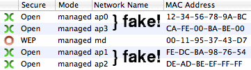 iStumbler's view of fake access points